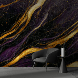 Black and Violet Marble Wallpaper with Metallic Gold Veining | Marble 088 Wallpaper