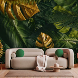 Botanical Palm and Monstera Wallpaper in Emerald and Bronze | Leaves 078 Wallpaper
