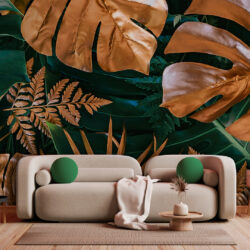 Premium Green and Gold Tropical Leaf Wallpaper | Leaves 080 Wallpaper