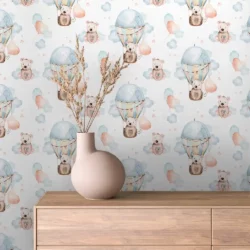 Teddy Bear Hot Air Balloon Nursery Wallpaper | Animal Watercolors 002