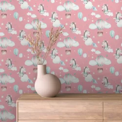 Unicorn Balloon Fantasy Nursery Wallpaper | Animal Watercolors 004